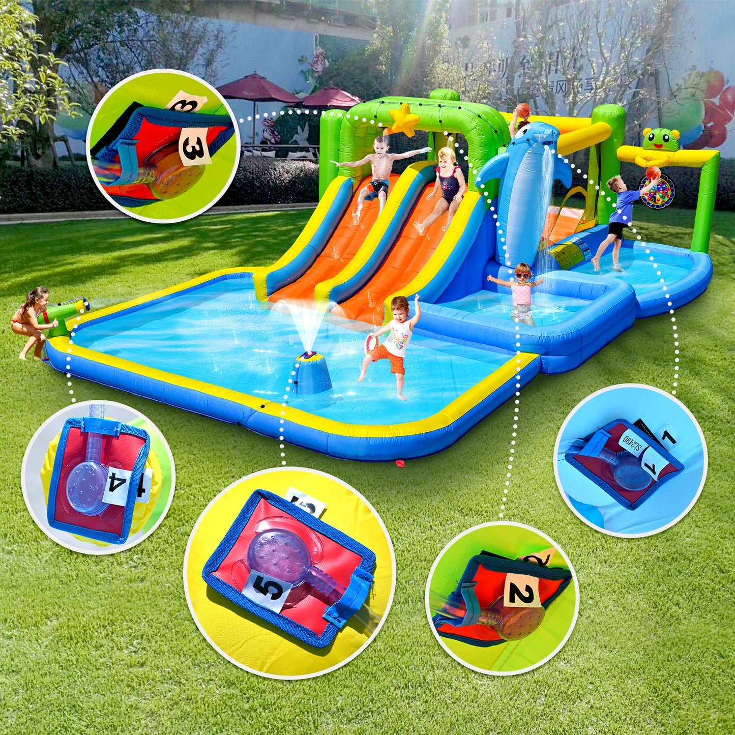 9 in 1 For Endless Fun Inflatable Bounce House with Blower Shower Soak Pool Sprinkler Fountain Water Gun Target for Kids