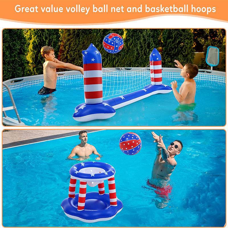 Inflatable Pool Float Set Games Volleyball Net & Basketball Hoops