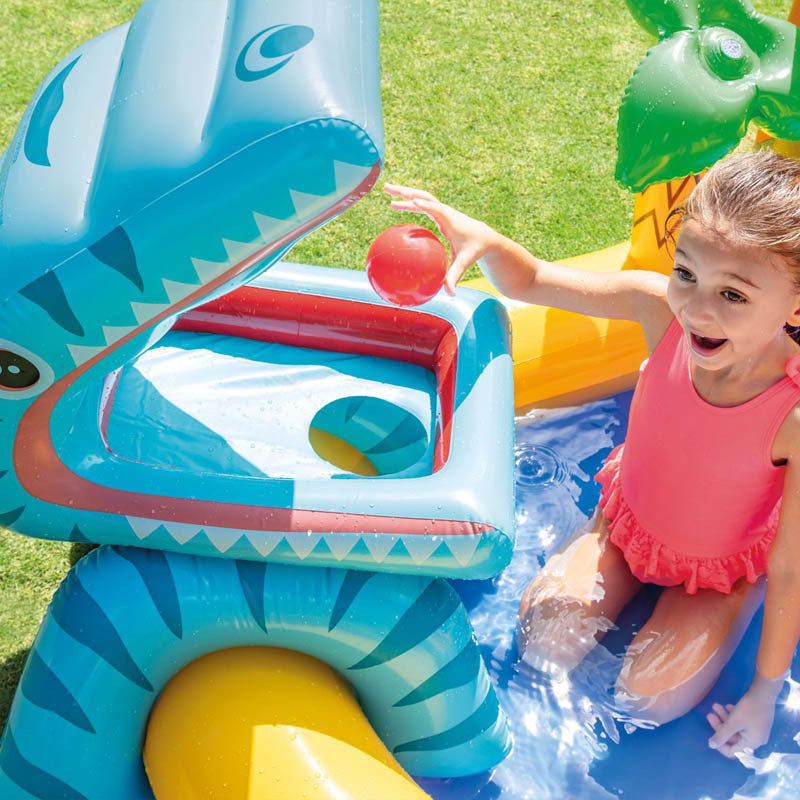 Inflatable Play Center Kiddie Pool with Water Slide - Dinosaur Volcano Land
