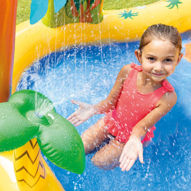 Inflatable Play Center Kiddie Pool with Water Slide - Dinosaur Volcano Land