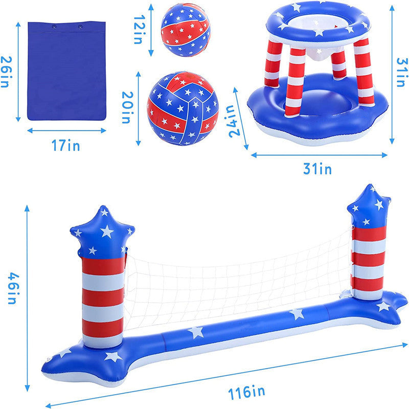 Inflatable Pool Float Set Games Volleyball Net & Basketball Hoops