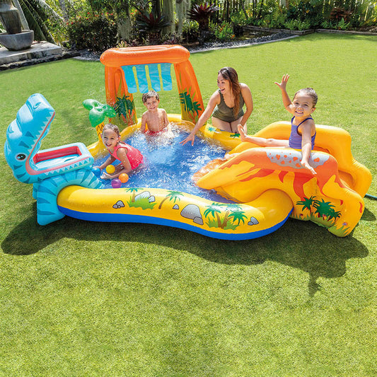 Inflatable Play Center Kiddie Pool with Water Slide - Dinosaur Volcano Land