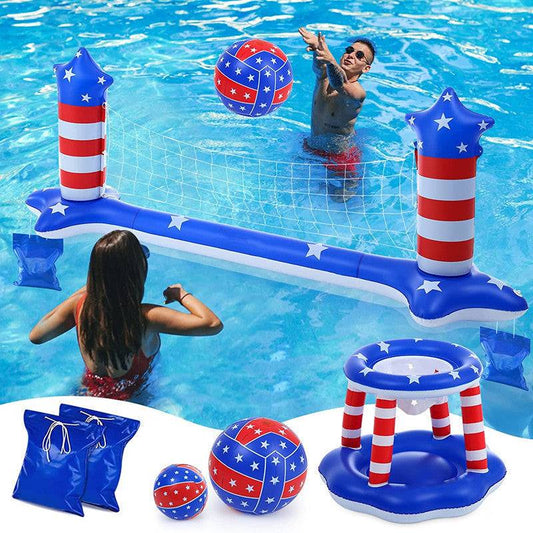 Inflatable Pool Float Set Games Volleyball Net & Basketball Hoops