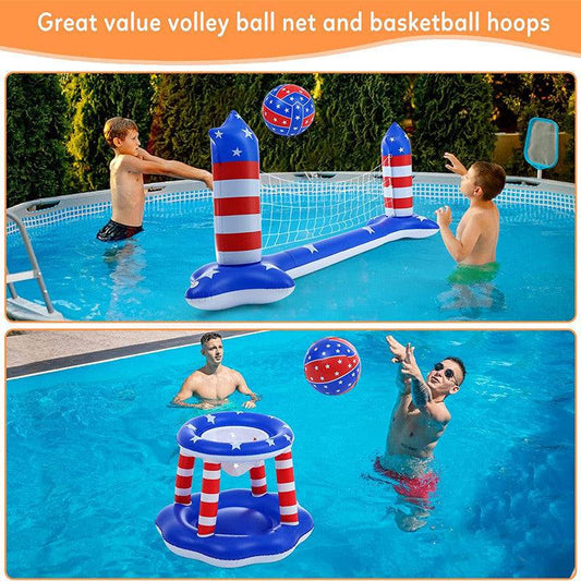 Inflatable Pool Float Set Games Volleyball Net & Basketball Hoops