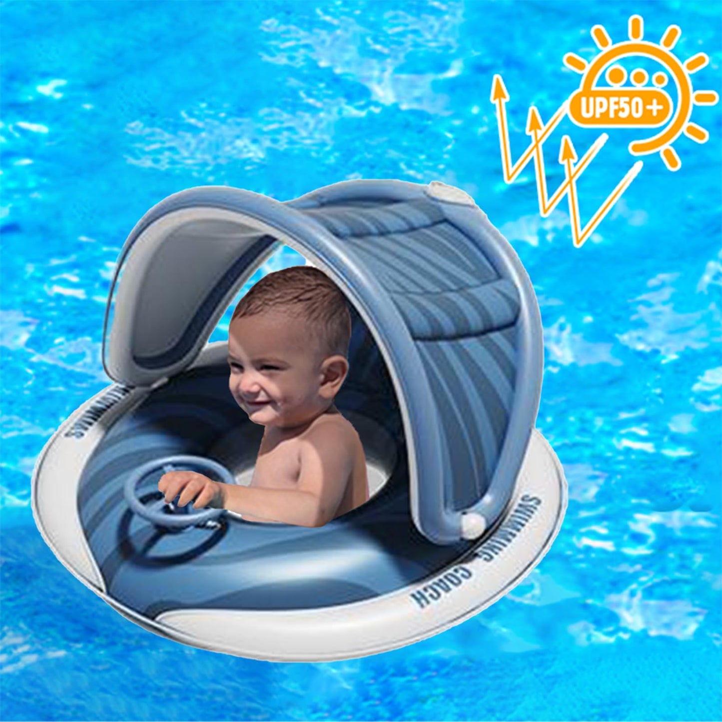 Baby Pool Float with Removable Canopy and Built-in Push-to-inflate Pump for Baby 12-48 Months